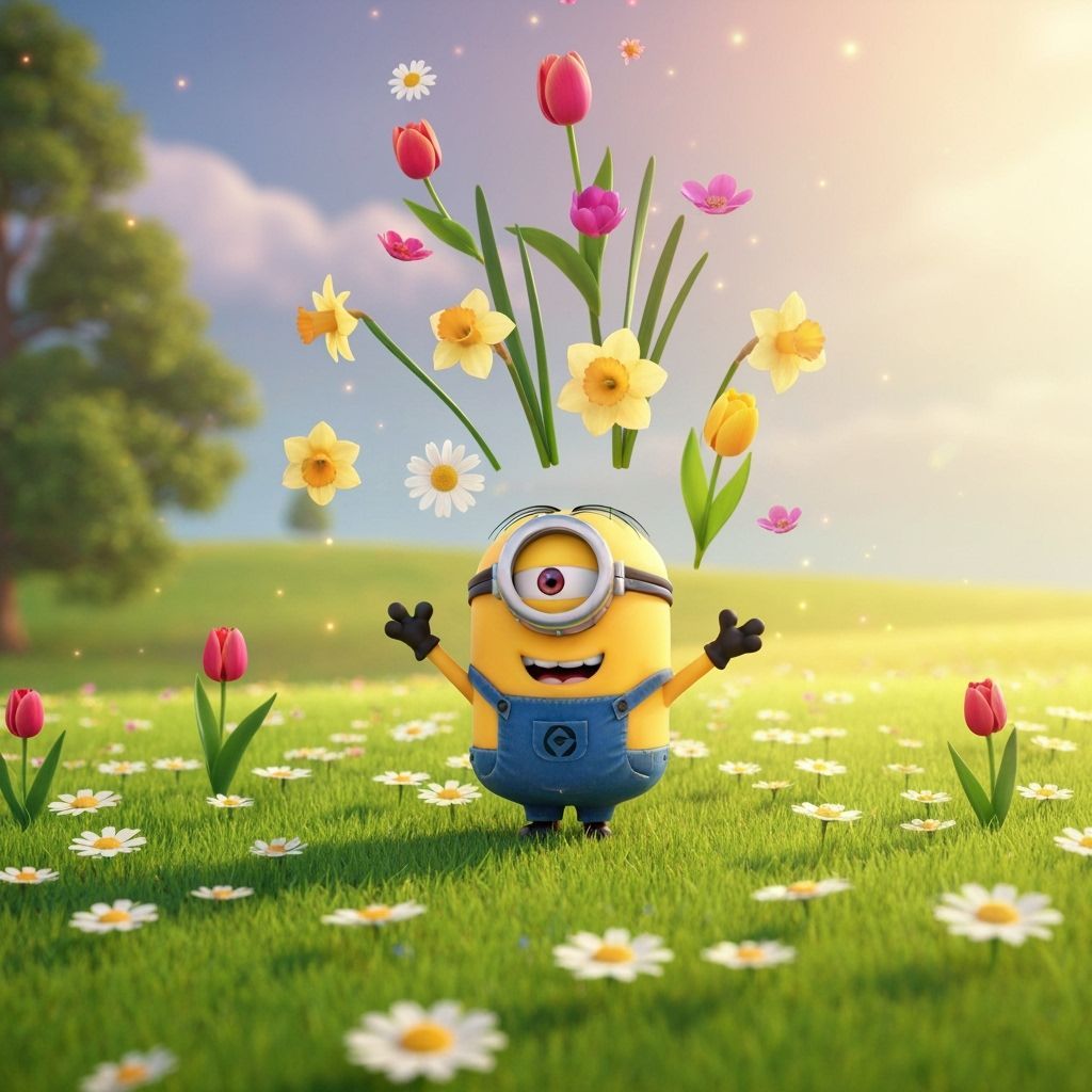 Minion Scattering Spring Flowers in Pixar 3D Style