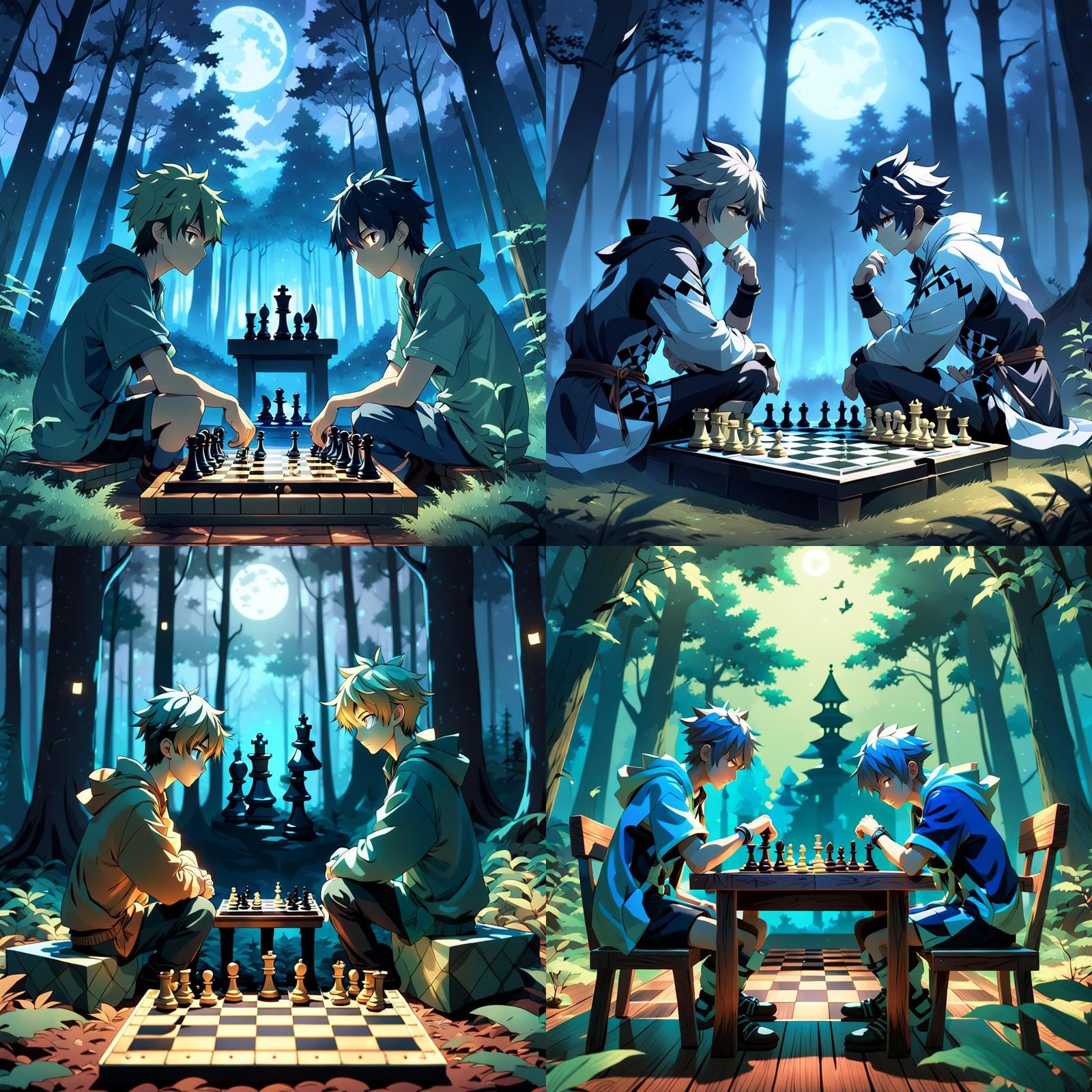 Anime Boys Play Chess in Forest at Night