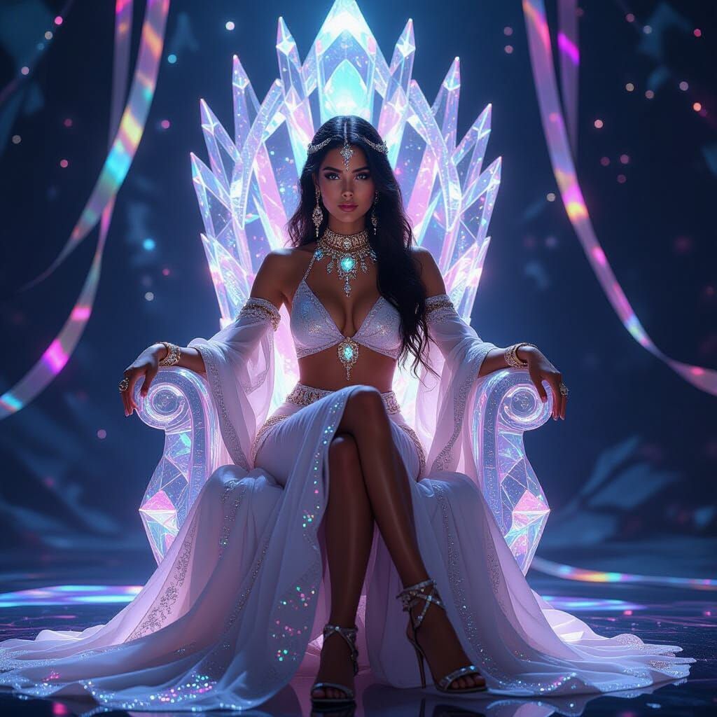 Woman on Crystal Throne with Cosmic Energy Ribbons