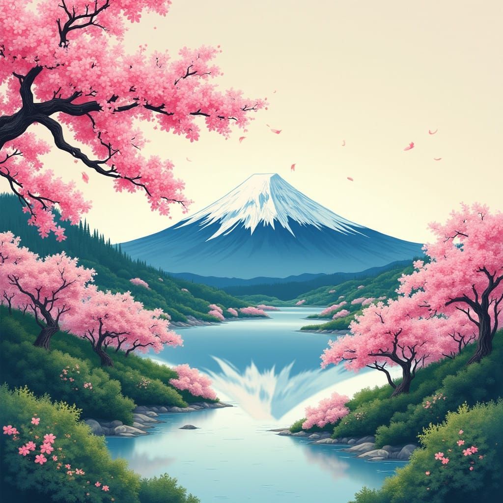 Serene Japanese Landscape with Cherry Blossoms and Mount Fuj...
