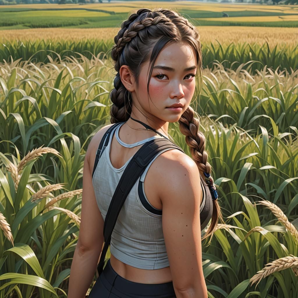 Japanese Woman Portrait in Rice Fields, Detailed Digital Art