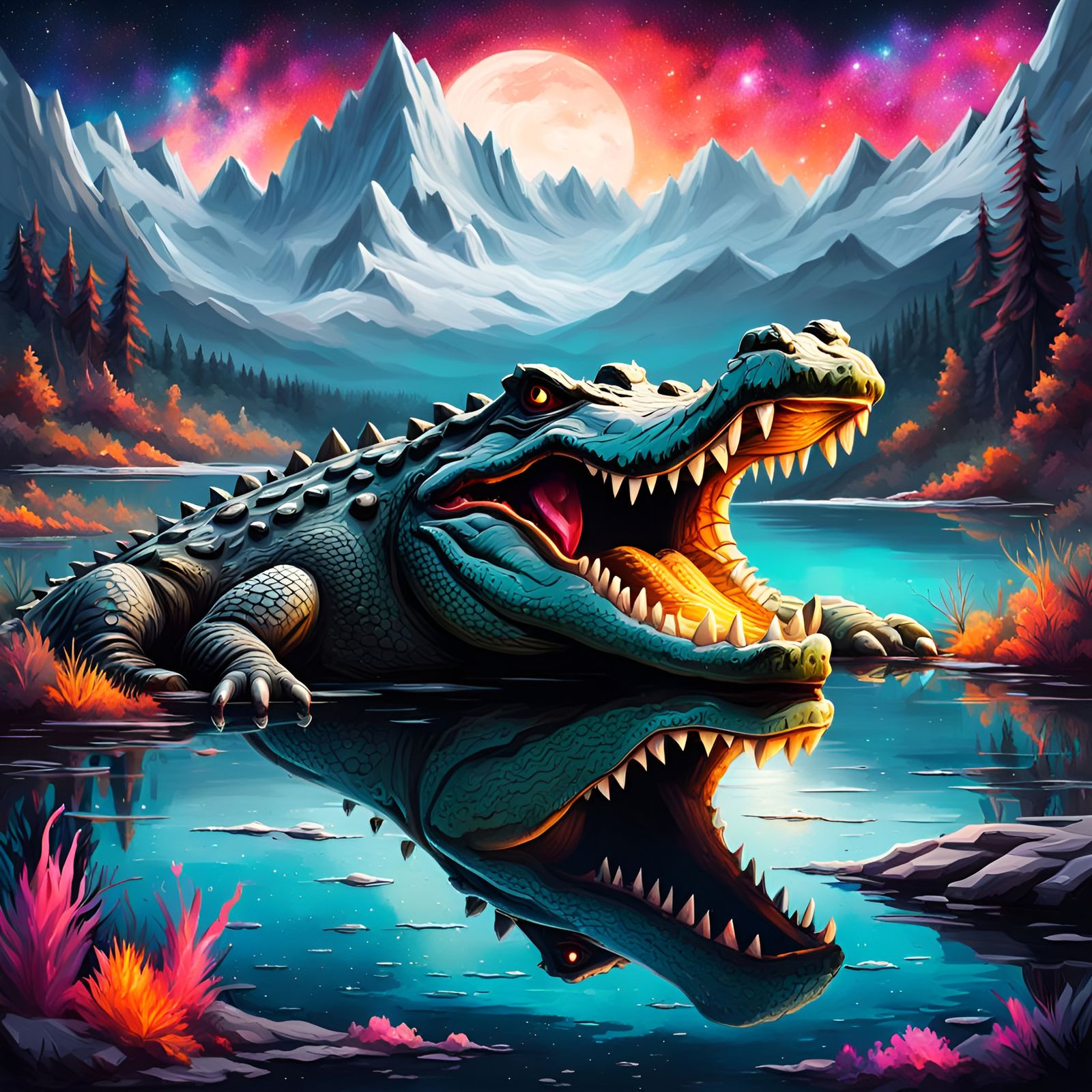 Armored Crocodile Emerges from Enchanted Lake