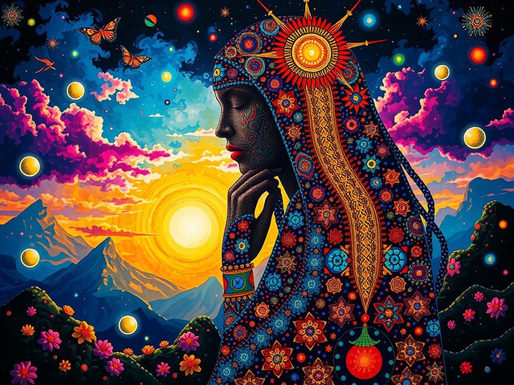 Surreal Huichol-Inspired Mosaic Capturing Inner Conflict