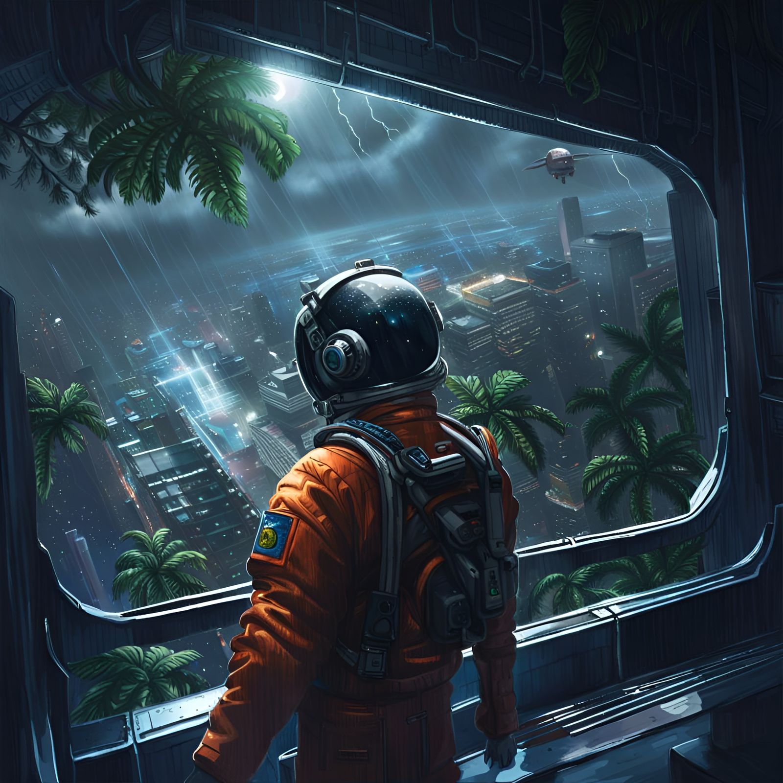 Astronaut Views Cyberpunk Jungle City in Storm