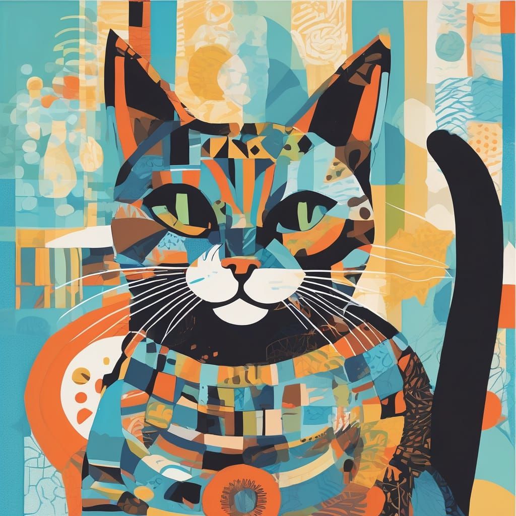 Bold Bohemian Collage of a Playful Siamese Cat