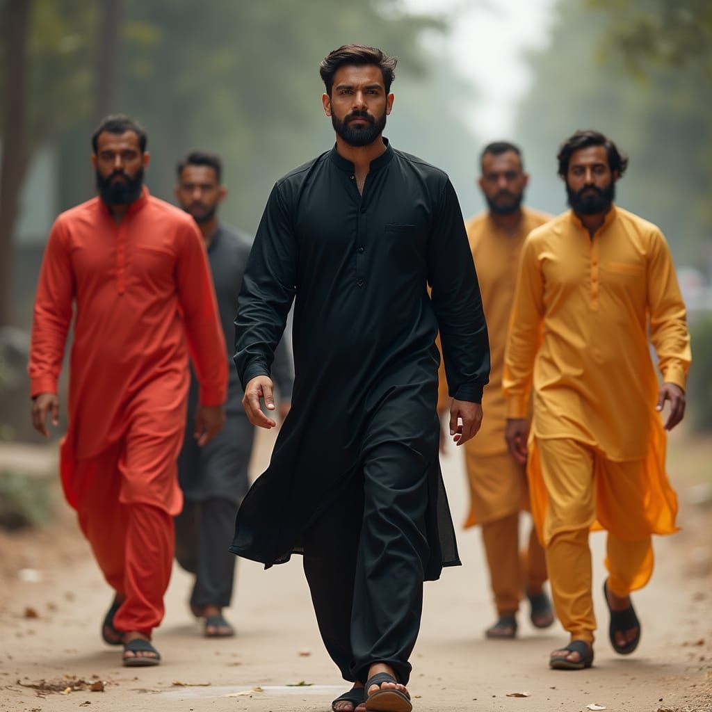 Heroic Figure in Black Dress with Colorful Entourage