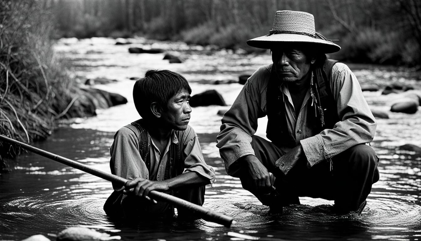 Native Americans Fishing in Stream, Black and White Photogra...