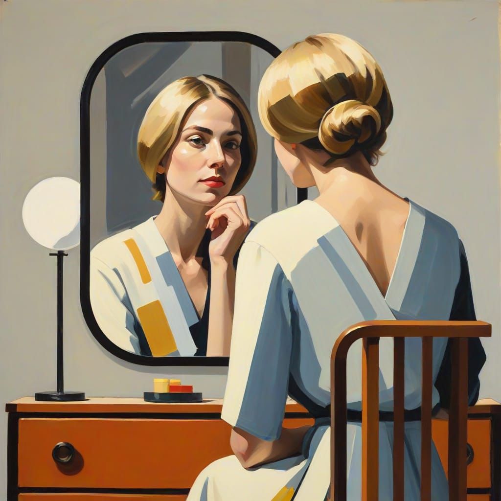 A woman looking at herself in a mirror in the style of Anne ...