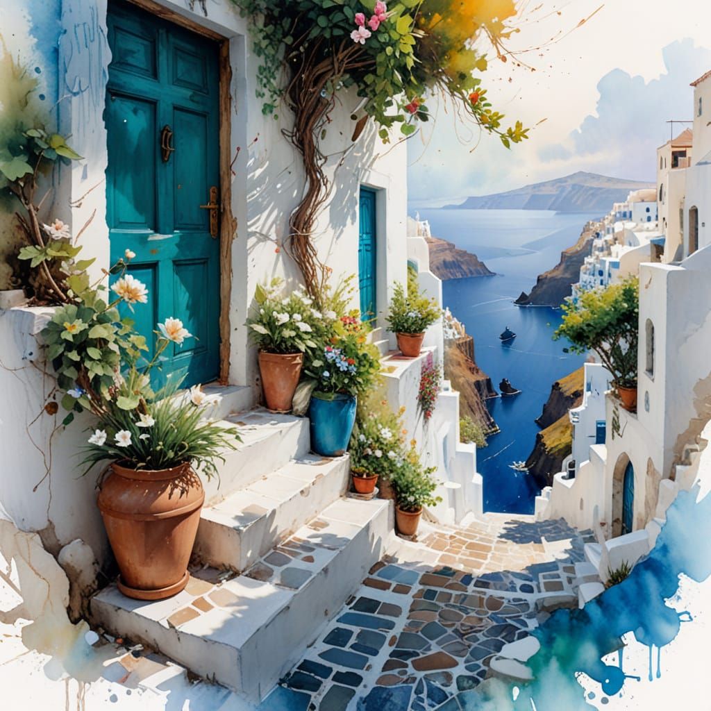 Santorini Street Scene with Flowers, Oil Painting
