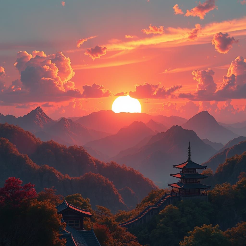Mountains at Sunset with Japanese Architecture