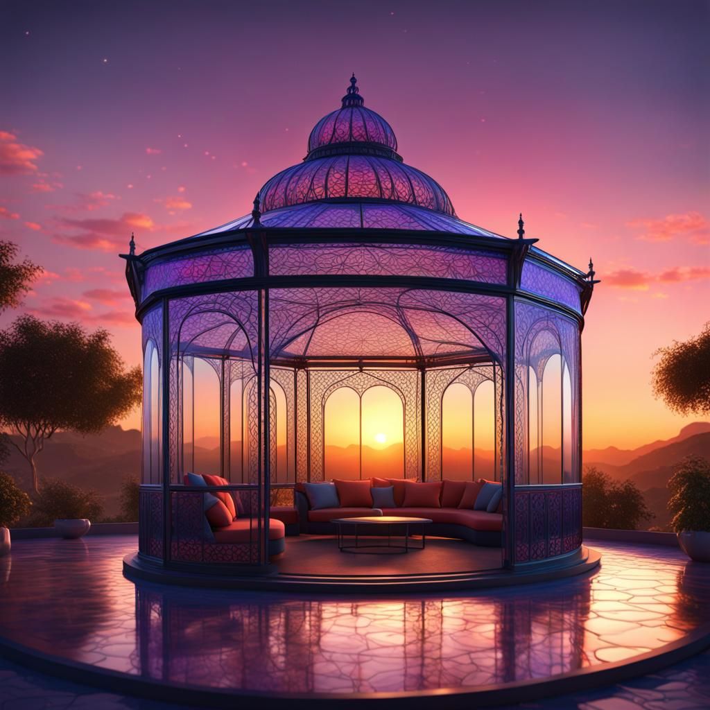 Filigree Gazebo with Neon Sunset, Digital Art