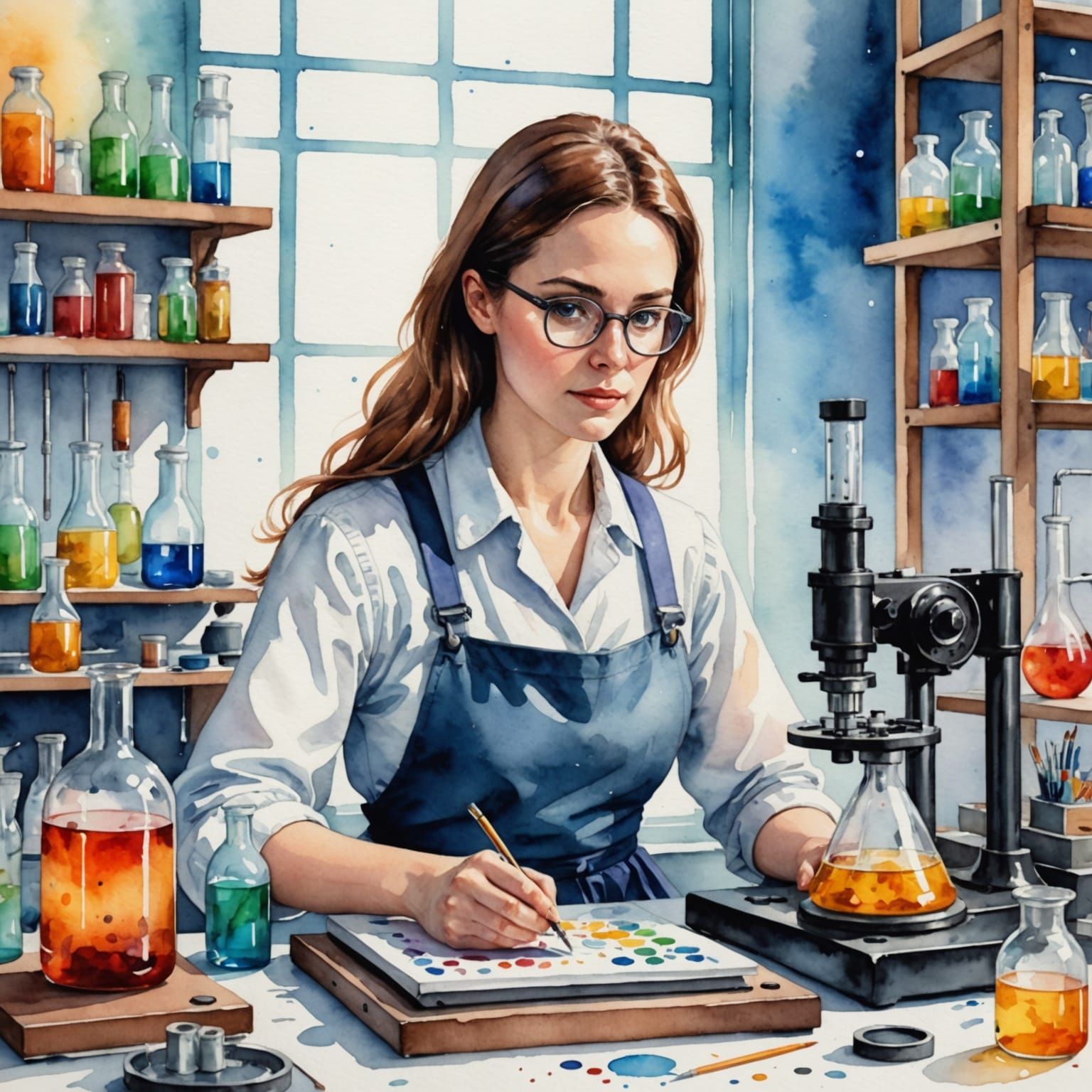 Inventive Woman Creates Invention in Watercolor Style