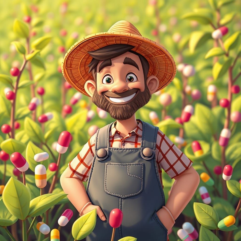 Vibrant Farmer in a Whimsical Pharmacy Garden
