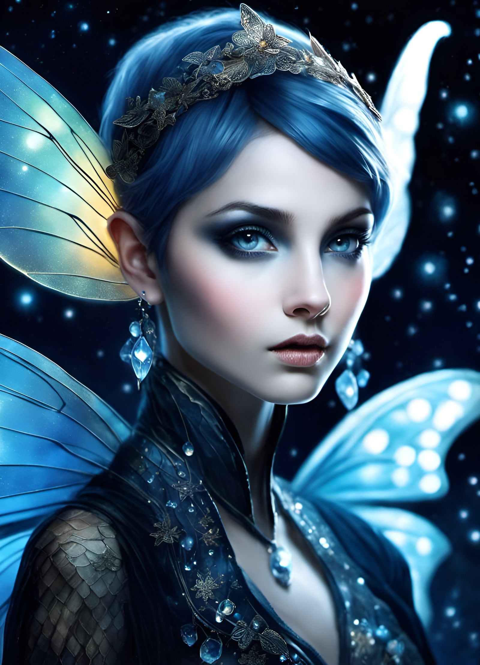 Goth Winter Fairy Portrait in Opalescent Style