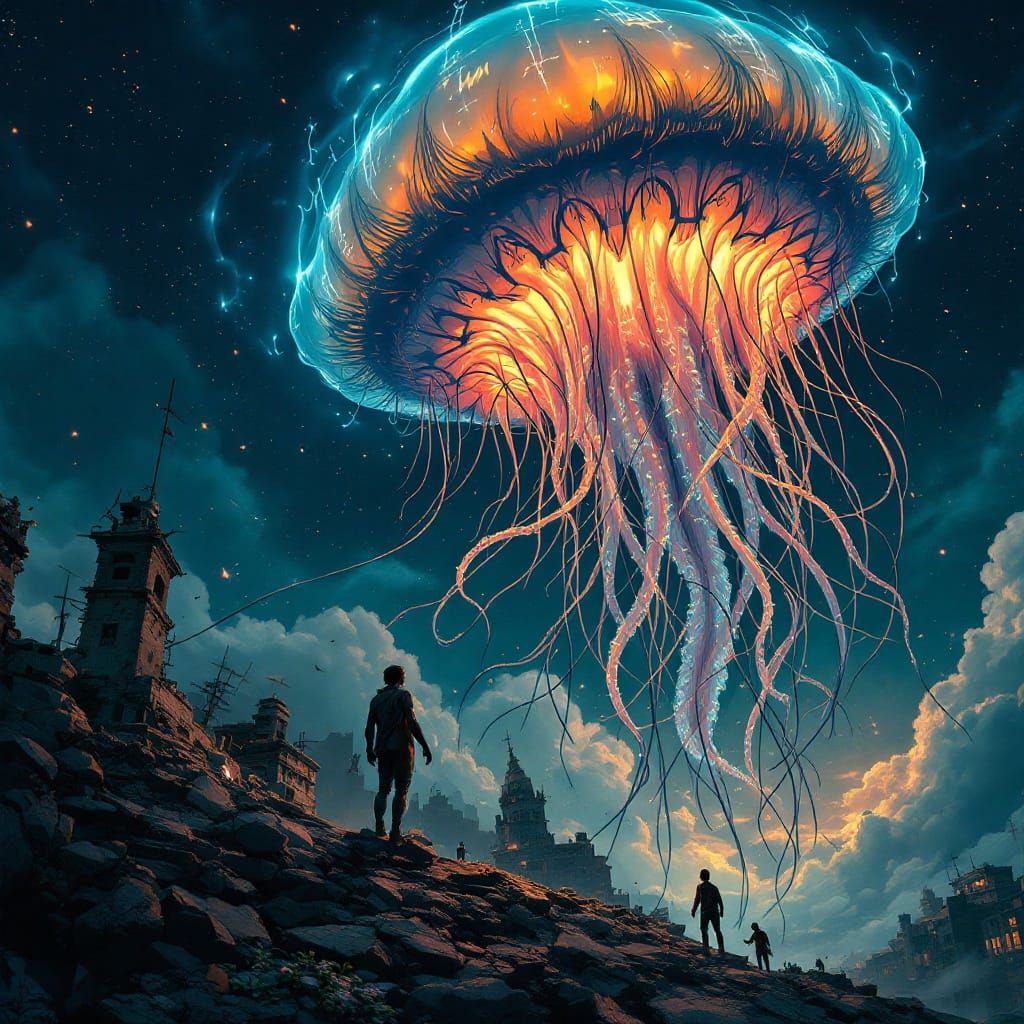 Bioluminescent Jellyfish Drifts Through Wrecked Cityscape in...