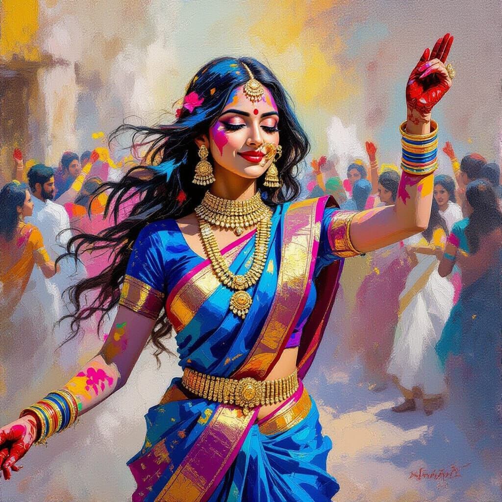 Indian Woman Dancing at Holi Festival in Expressive Oil Pain...