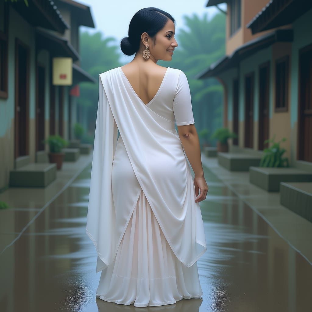 Woman in Yellow Saree in Rainy Village Street