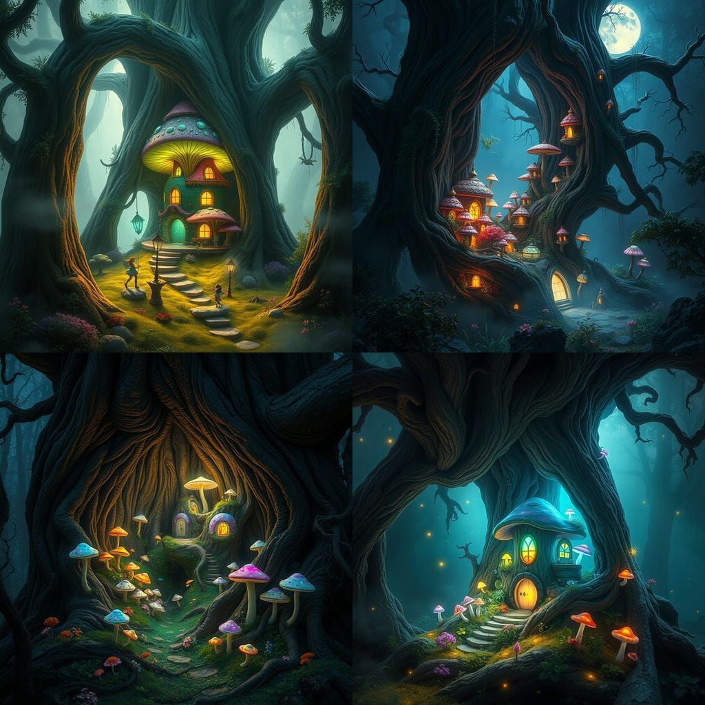 Whimsical Fantasy Metropolis in a Majestic Tree Trunk