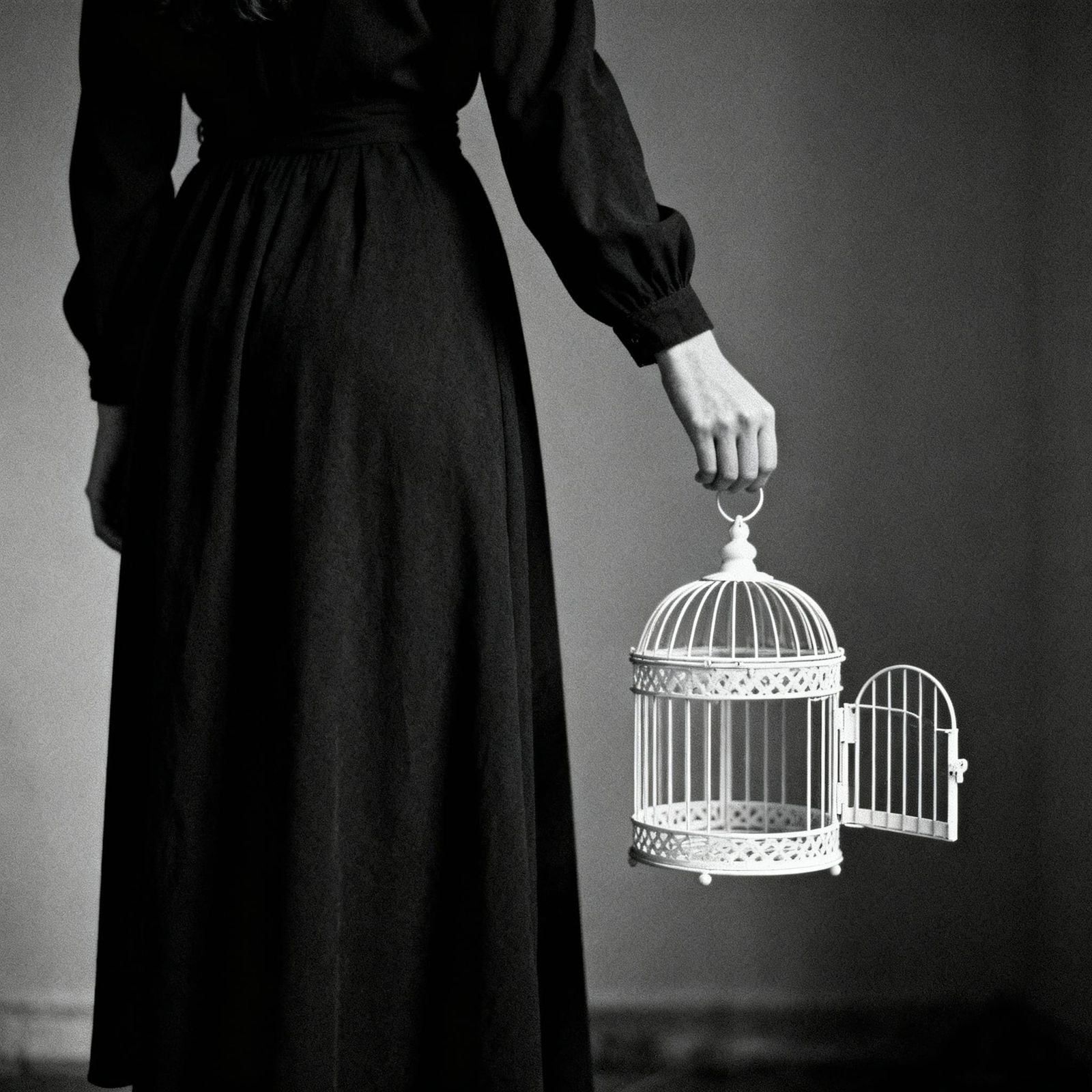 Woman Holding Open Birdcage in Grainy B&W Photo