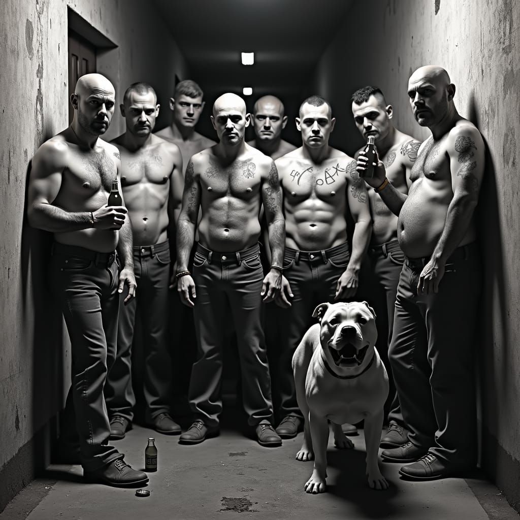 English Skinheads in Dim Alleyway, Monochromatic Concept Art