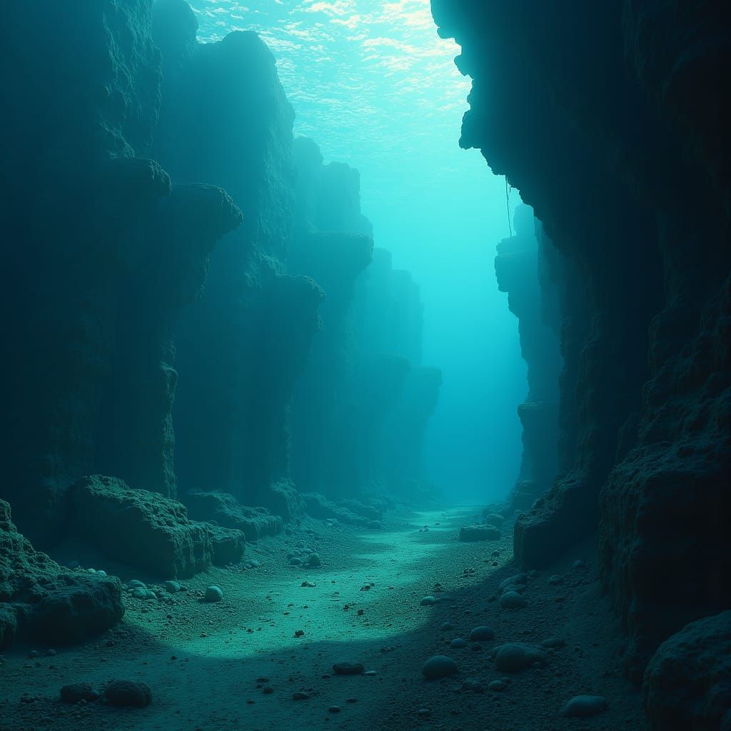 Underwater City Ruins with Algae and Coral