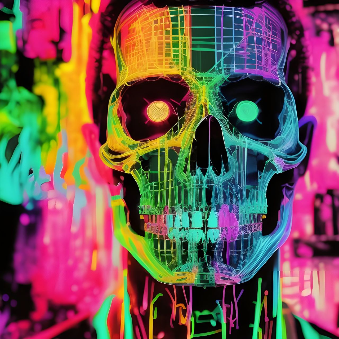 Neon Skull Portrait with Colorful Ink Splashes