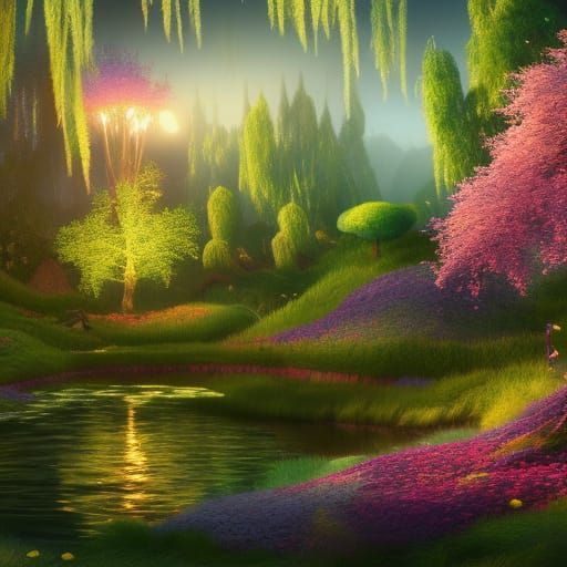 Dreamlike Magical Forest with Pond and Flowers