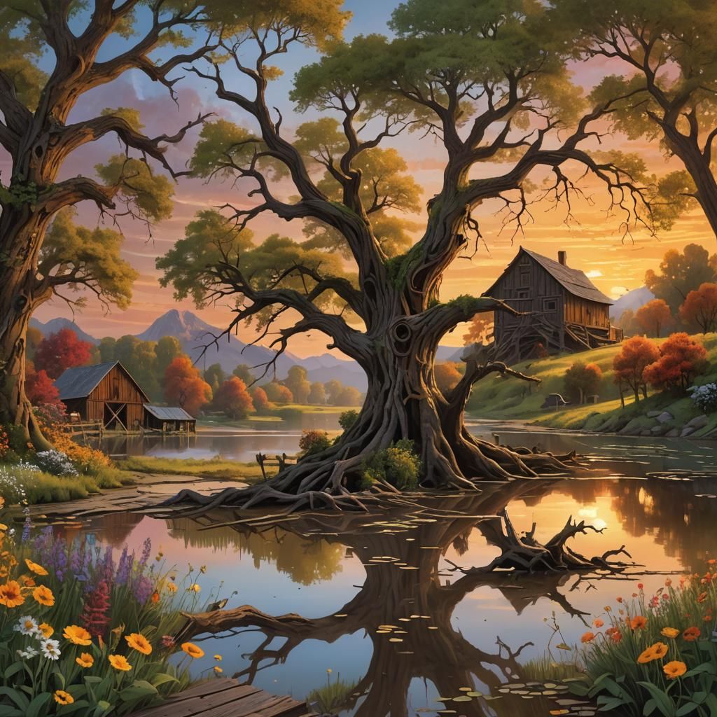 Lake Longhouse Farm Sunset in Fantasy Digital Art