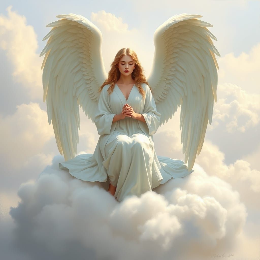 Ethereal Angel on Cloud in Digital Painting Style