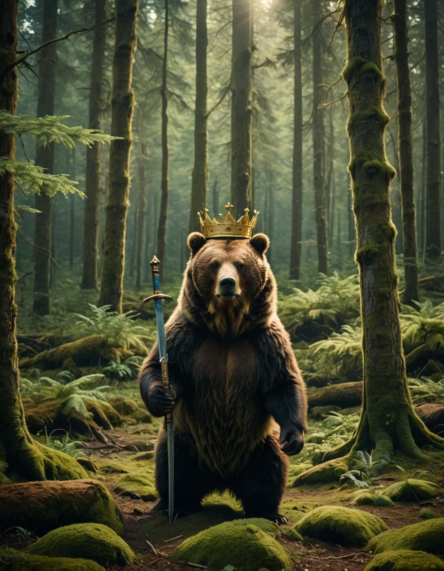 Crowned Bear with Sword in Mystical Forest
