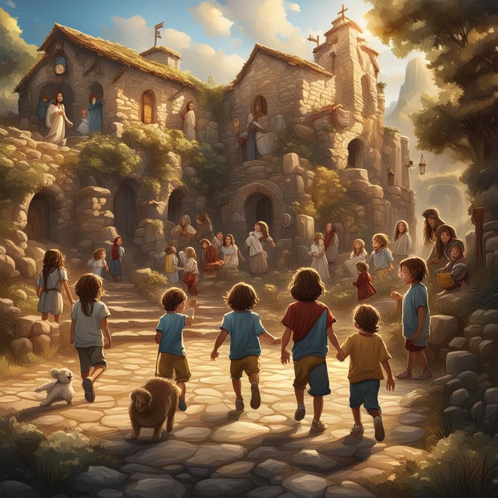Children Playing with Jesus: Detailed Matte Painting