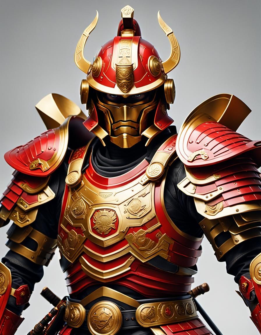 Futuristic Samurai in Red and Gold Armor