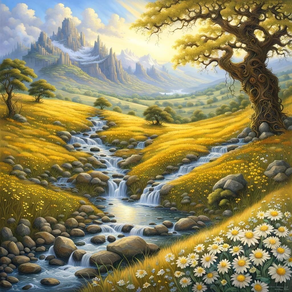 Sunlit Creek Flowing Through Ancient Oak Forest