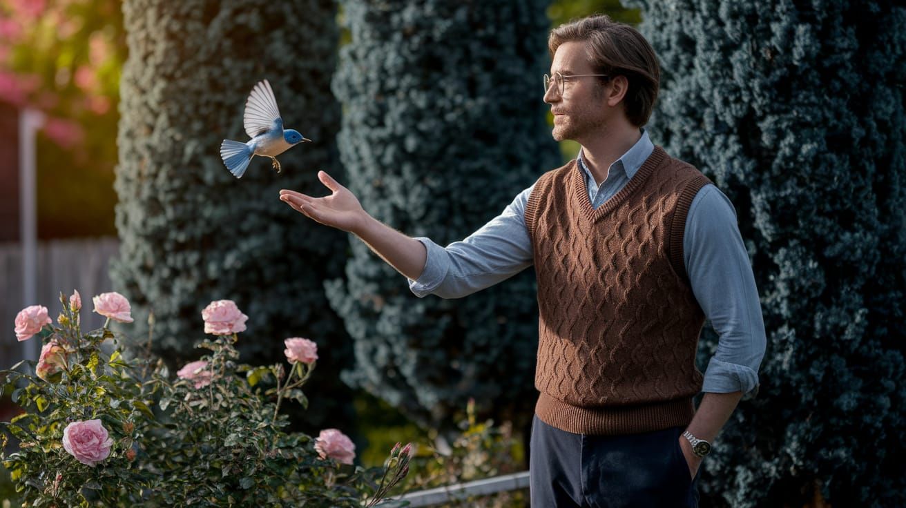 Man Offers Hand to Bluebird in Serene Garden