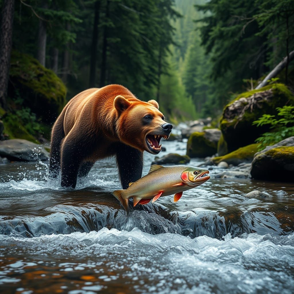 Grizzly Bear Catches Salmon at Waterfall in Lush Forest