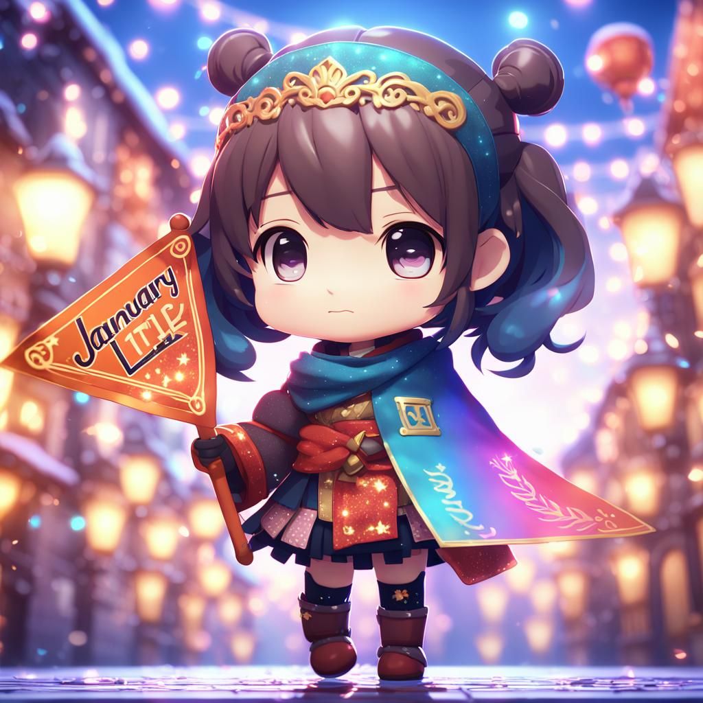 Cute Chibi Character Holding January Banner in 3D Anime Art