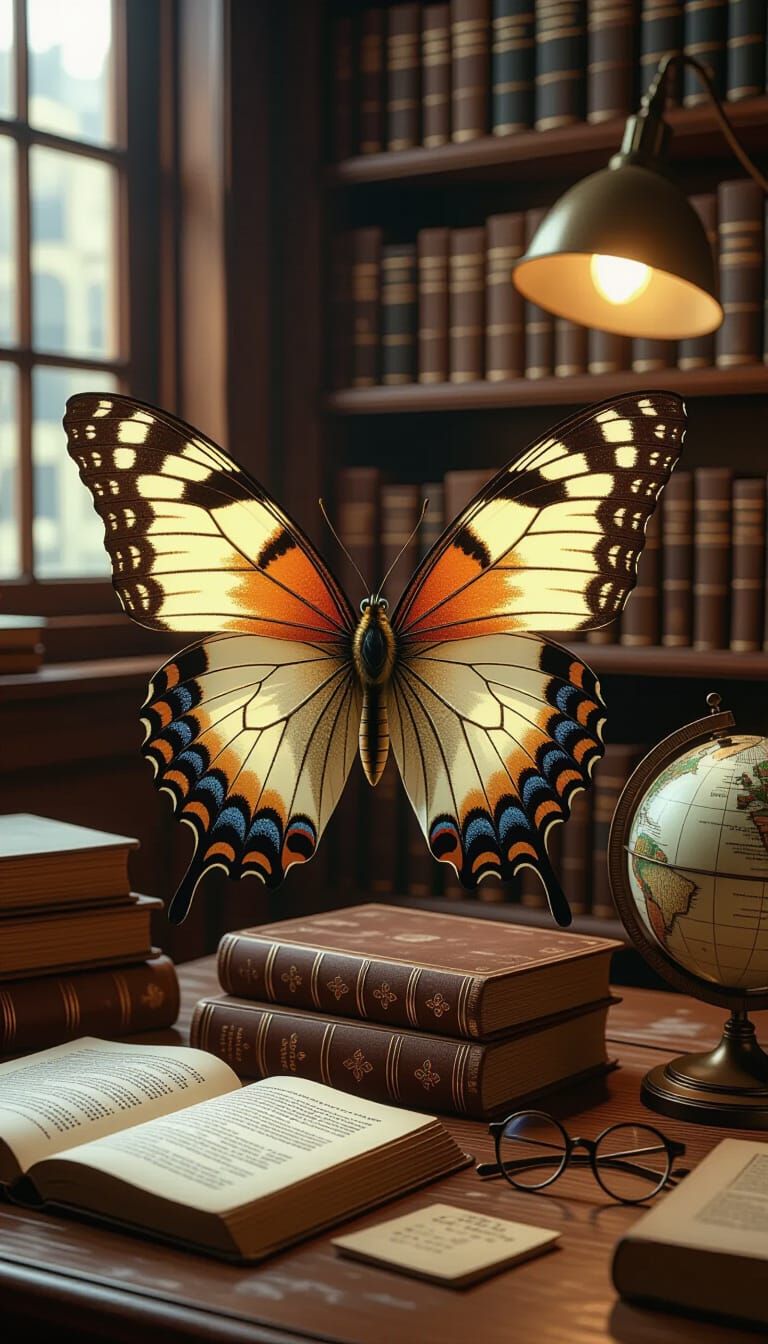 Butterfly in Library, Hyperrealistic Art