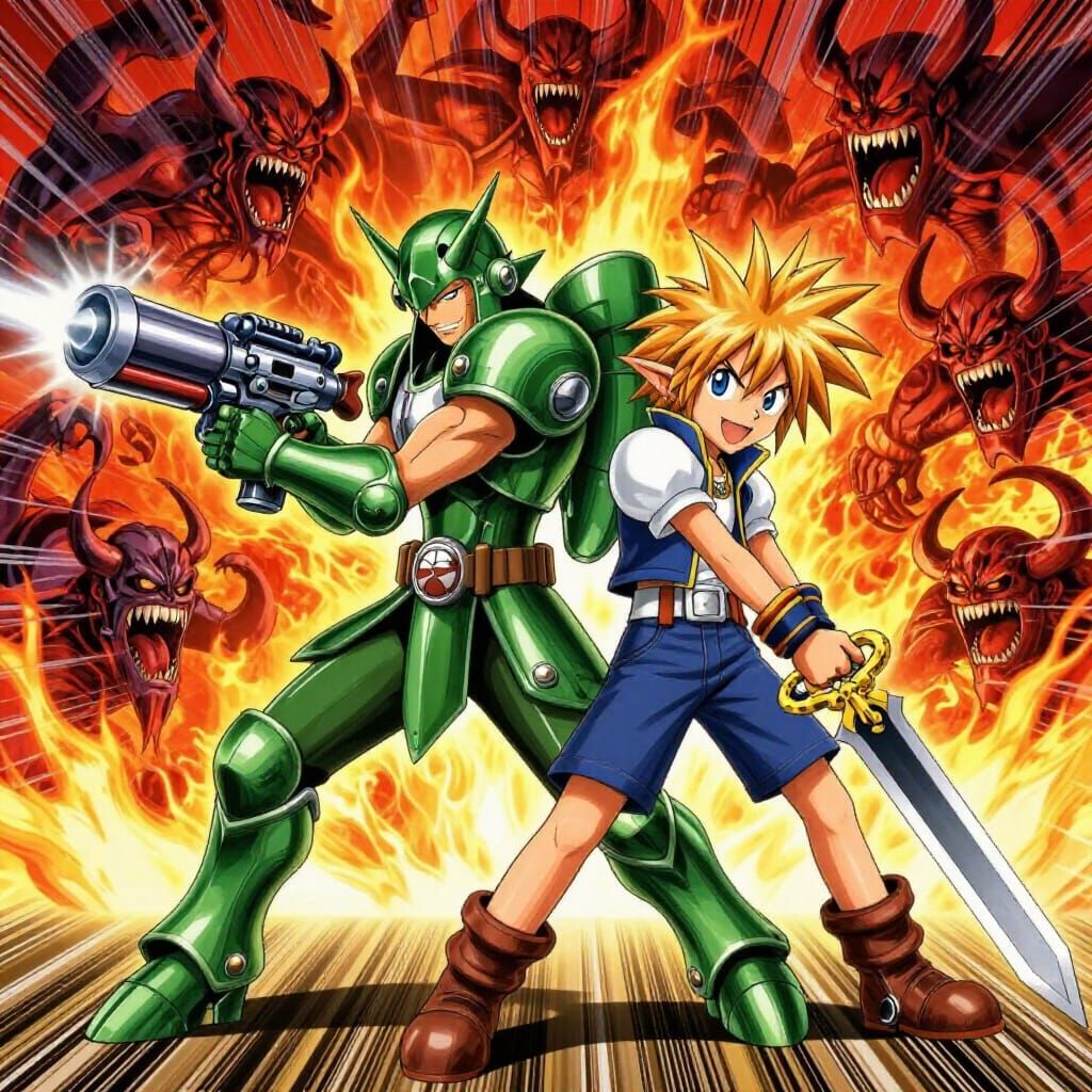 Doomguy and Sora Battle Demons in Hell - Shonen Jump Style