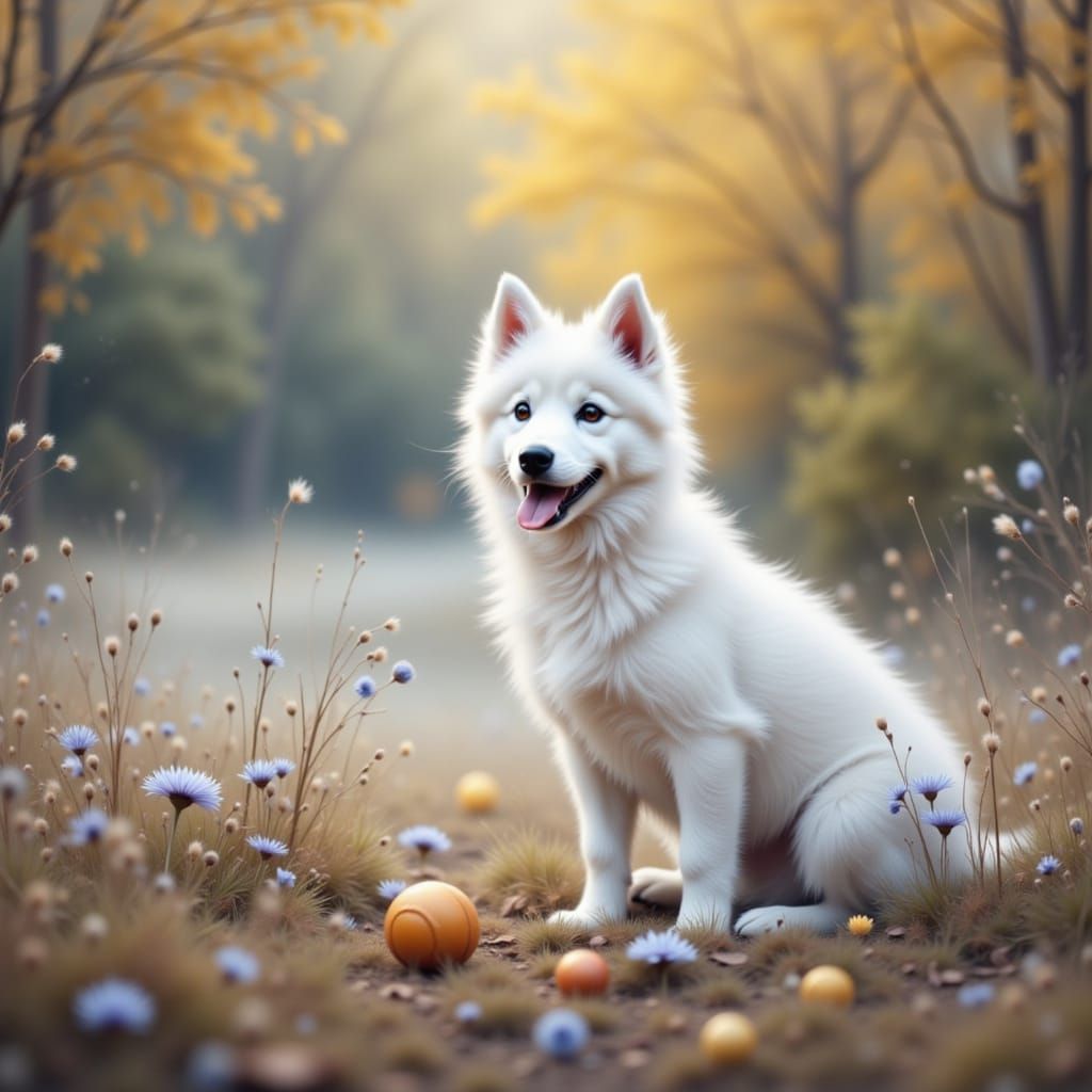 Fluffy Puppy Waits for Ball, Watercolor Style