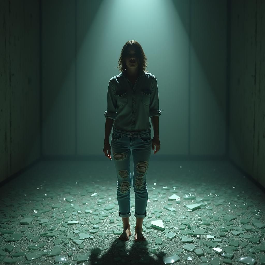 Figure in Shattered Room: Photorealistic Digital Art