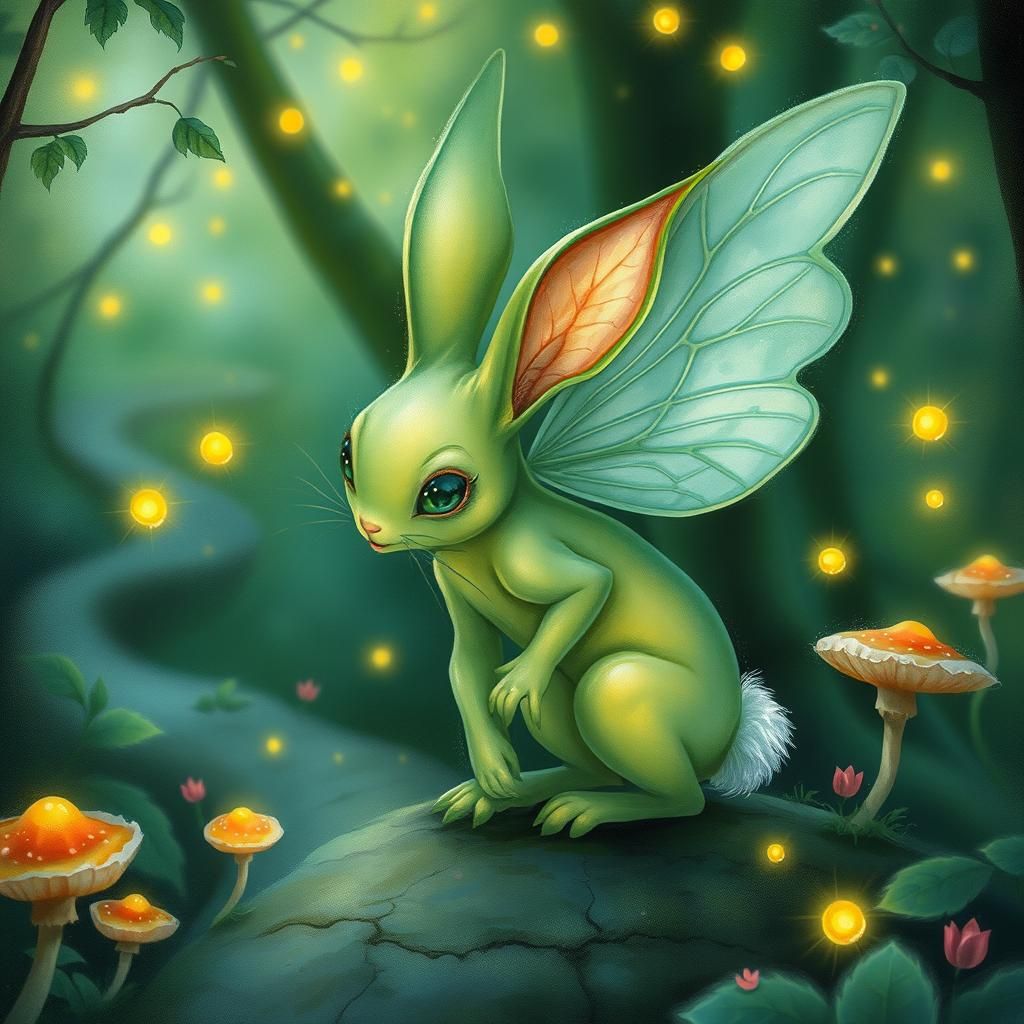 Enchanted Green Bunny Fairy in Magical Forest