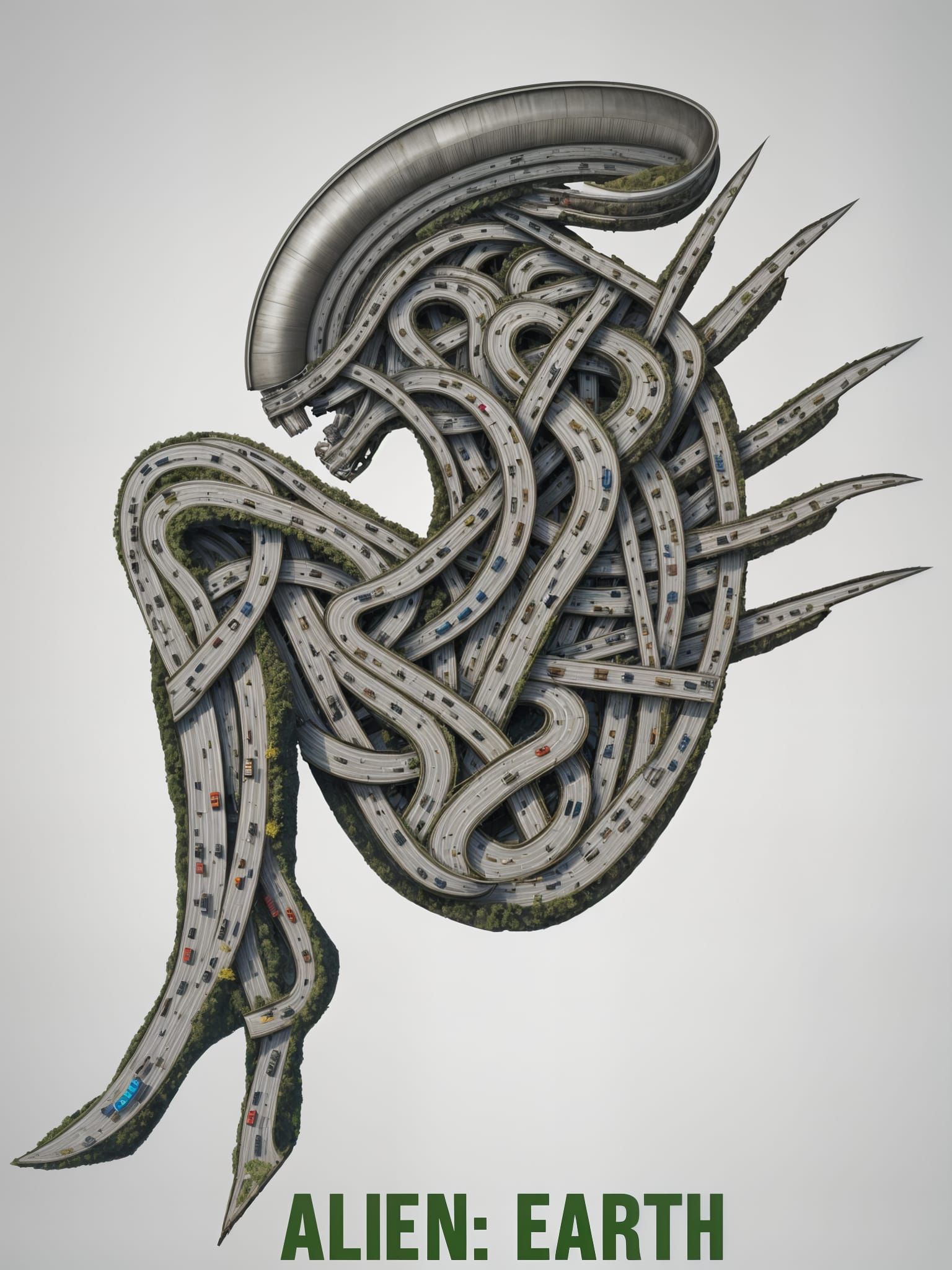 Xenomorph Silhouette Made of American Roads Collage