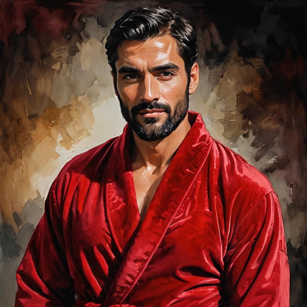 Handsome Man in Red Velvet Robe: Art Nouveau Portrait