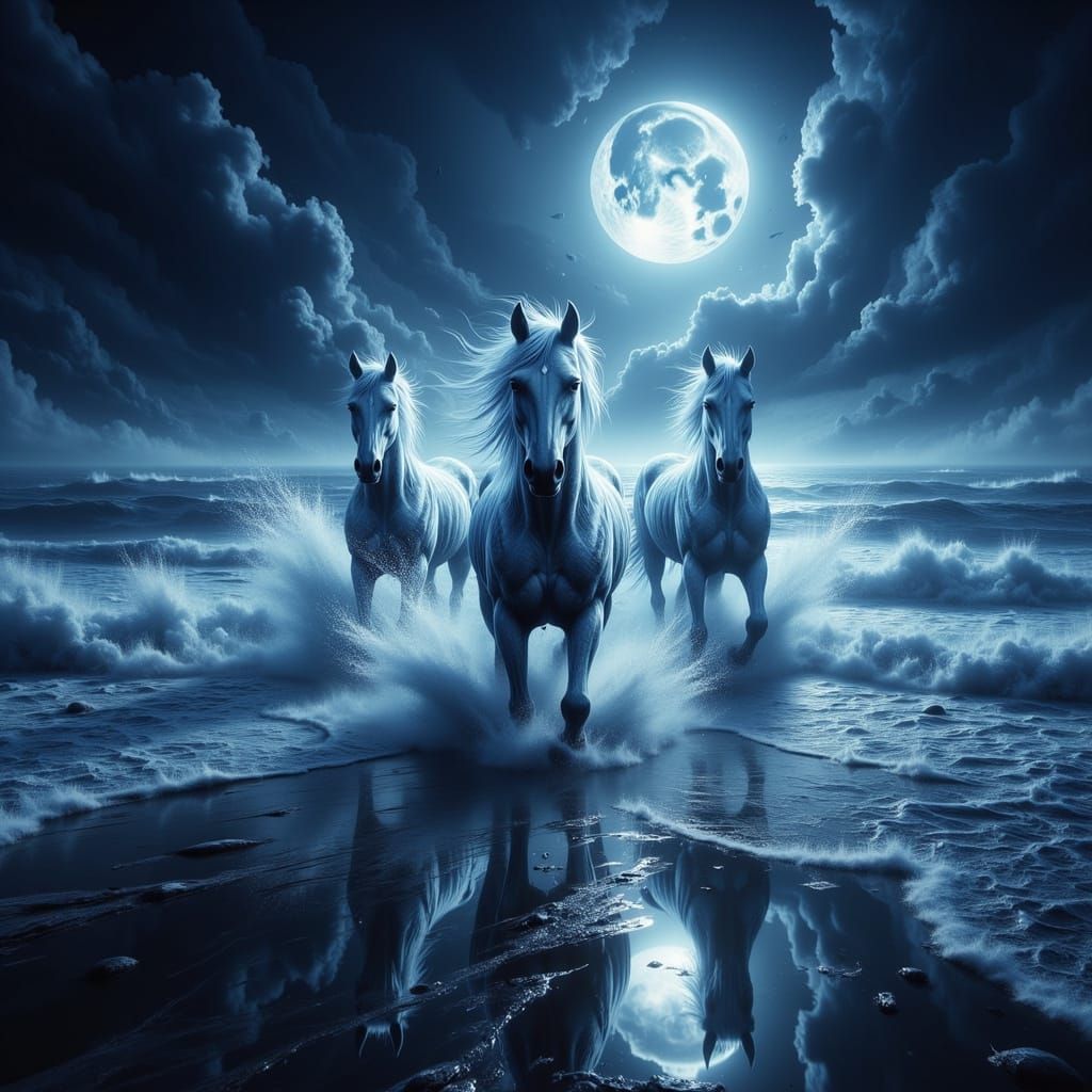 Moonlit Aquatic Horses in Dark Mode