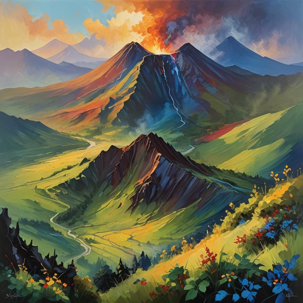 Verdant Volcano: An Impasto Oil Painting Landscape