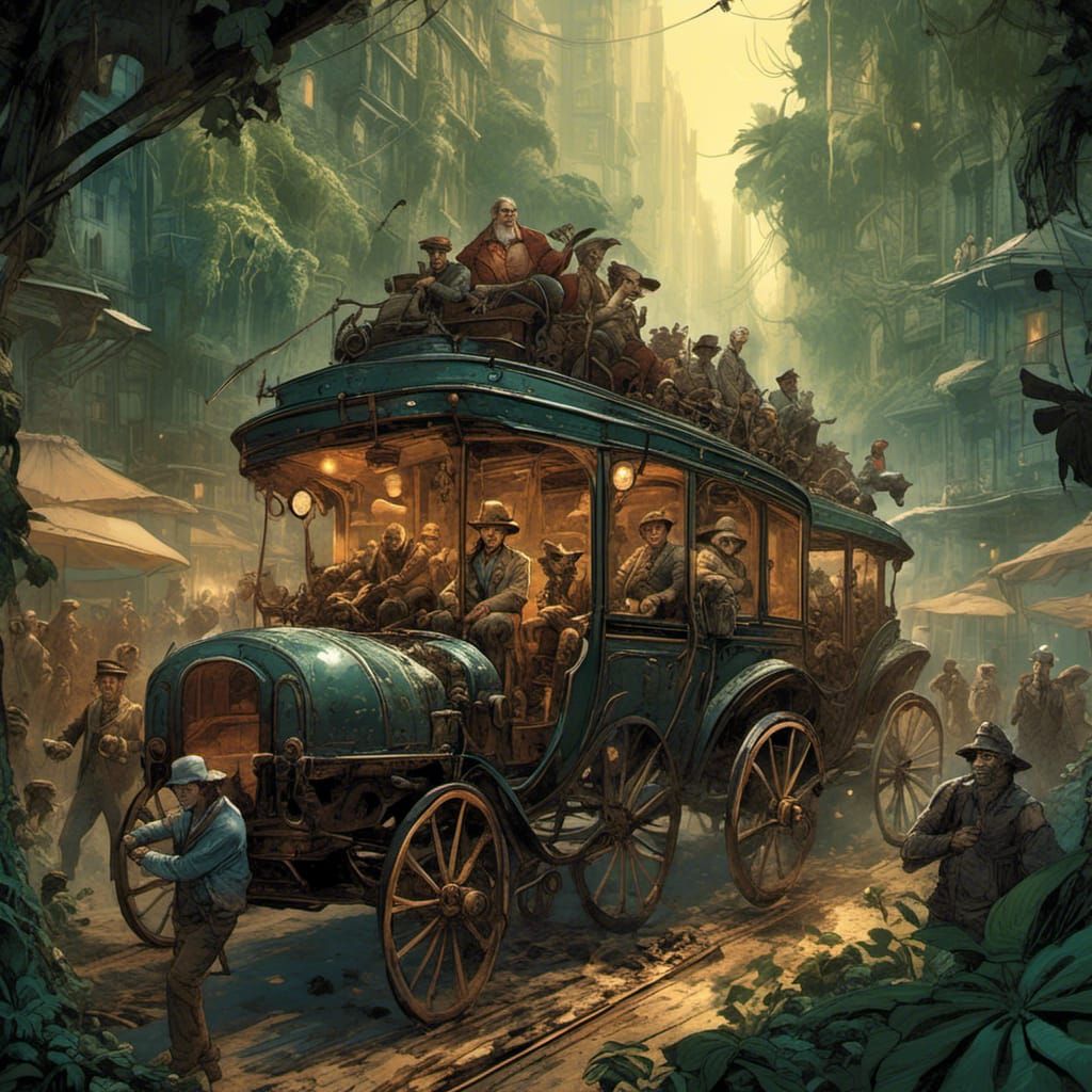 Oxen Pulling Carriage Taxi in Dieselpunk City