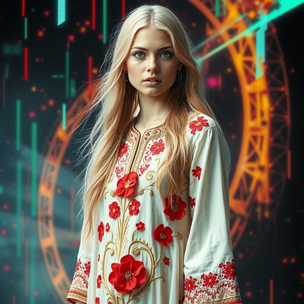 Woman in Indian Tunic with Glitch Art Backdrop