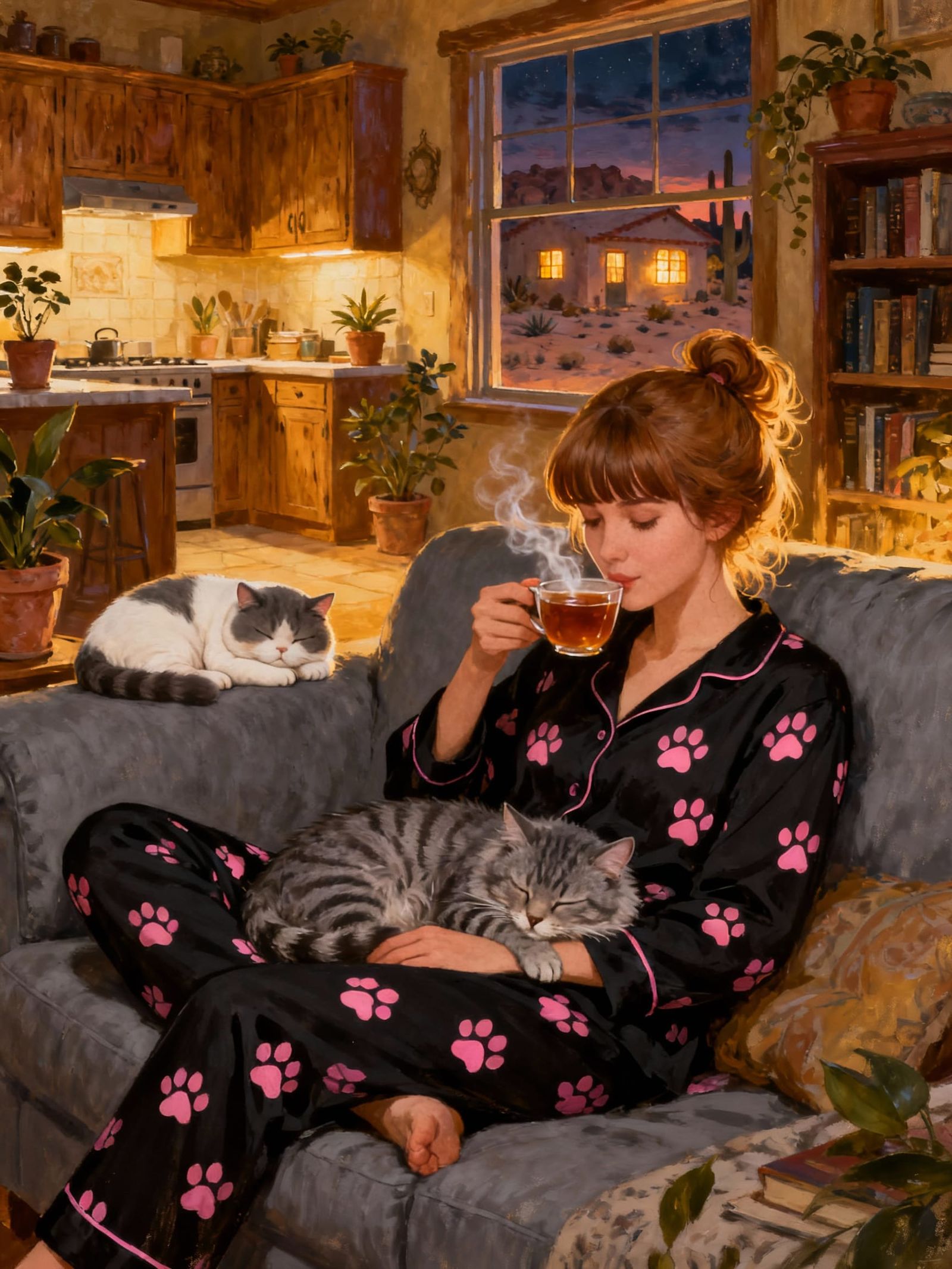Cozy Night Scene: Woman Relaxing with Cats and Tea
