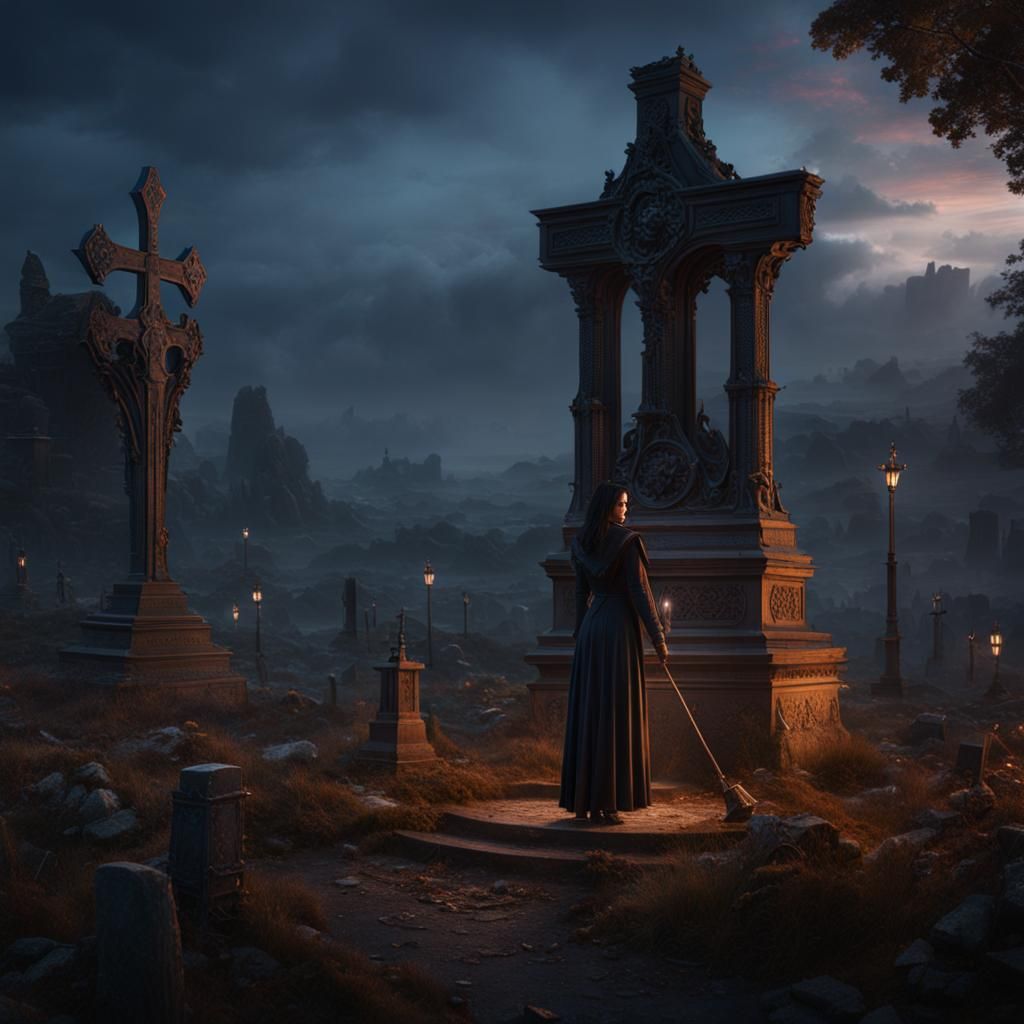 Woman at Grave in Detailed Fantasy Painting