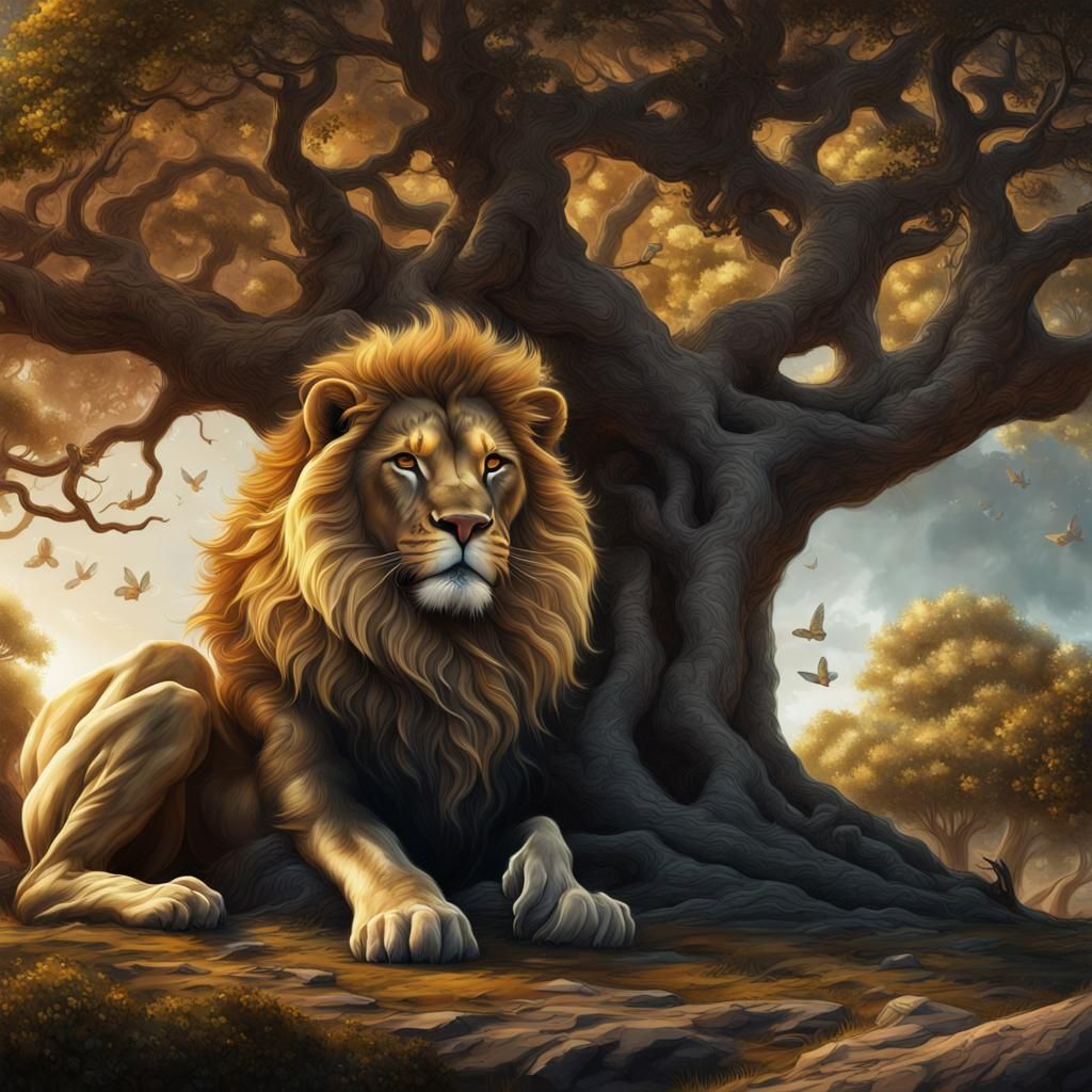 Roaring Lion Charcoal Drawing with Tree of Life